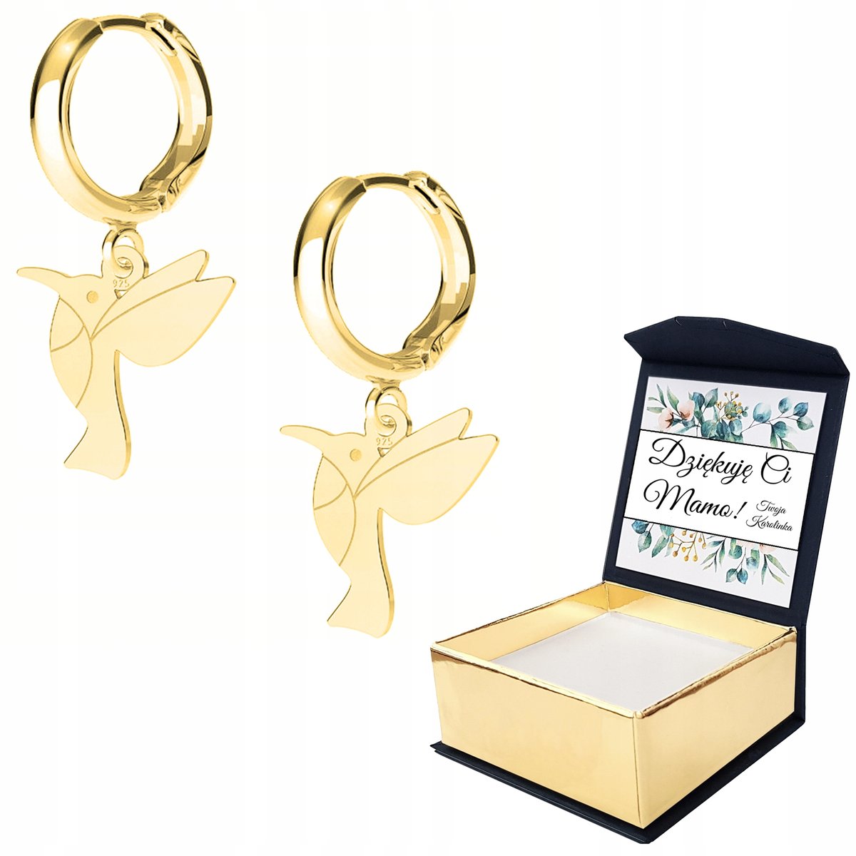 Kolczyki złote Koliber Ptak Zwierzę WŁASNY NADRUK