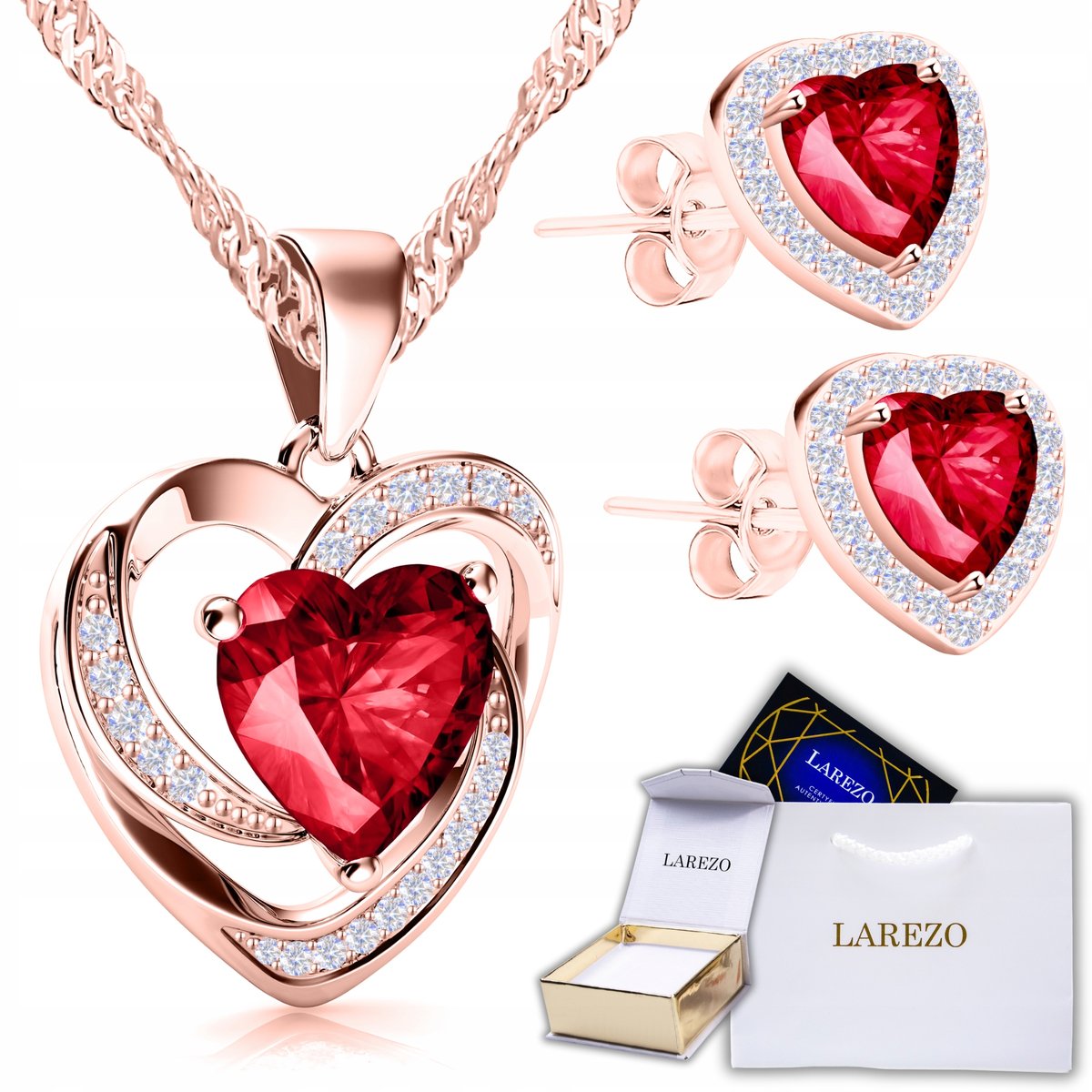 Zestaw Pozłacany Naszyjnik i Kolczyki Czerwone Serca Cyrkonie SREBRO 925