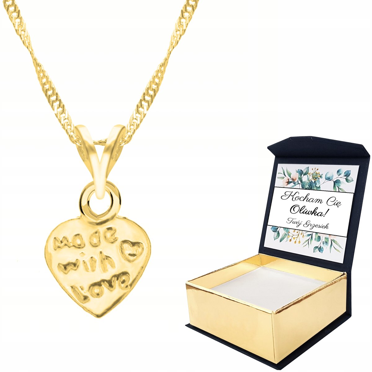 Naszyjnik złoty Serce Napis Love + WŁASNY NADRUK