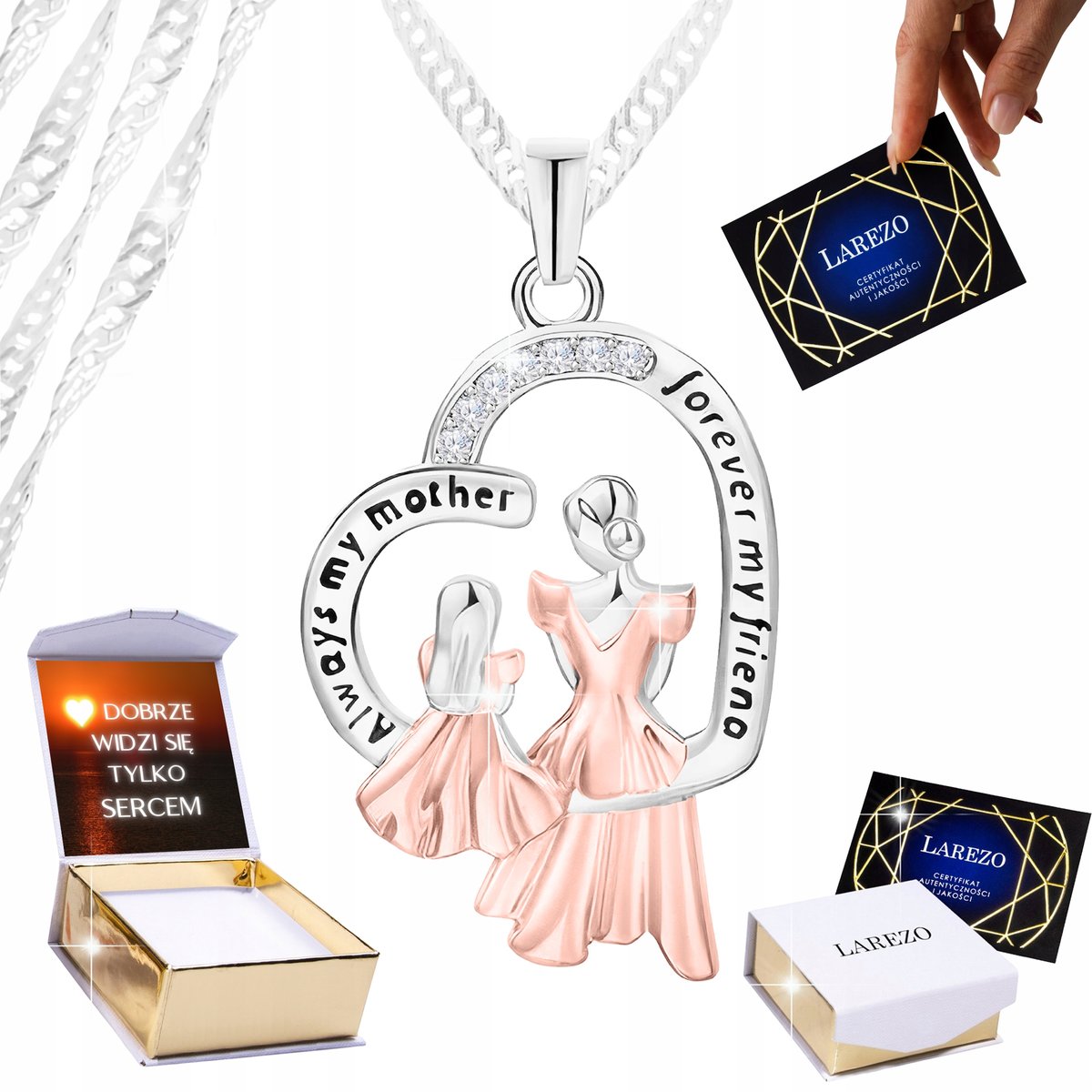 Naszyjnik Srebrny 925 Matka z Dzieckiem w Sercu dla Mamy Serce Mama NADRUK