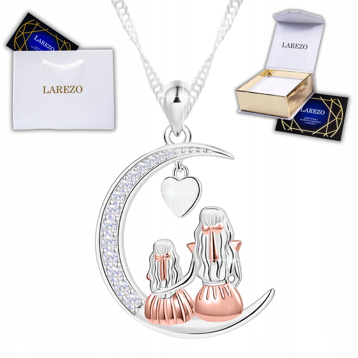 Srebrny Naszyjnik Matka z Dzieckiem Córką Księżyc Cyrkonie Serce SREBRO 925