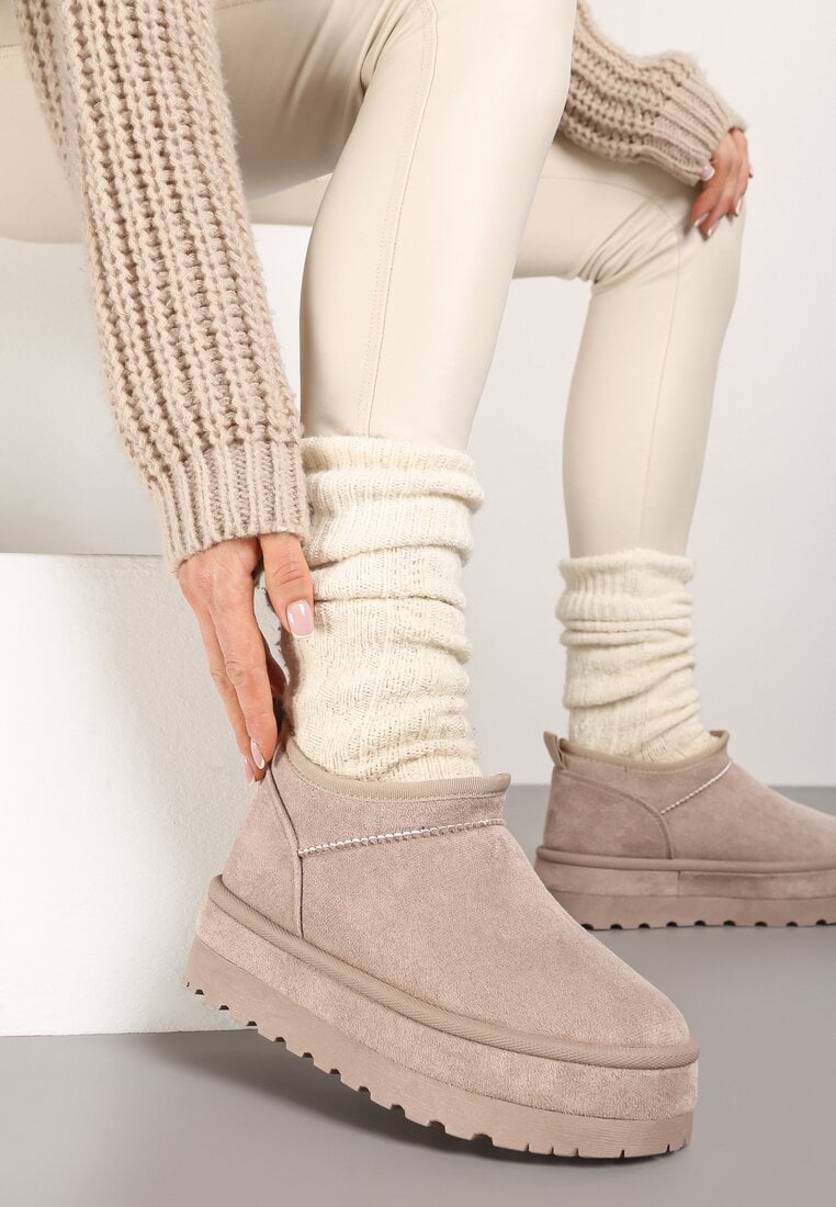 Beżowe Śniegowce Vices z Krótką Cholewką Ocieplone Futerkiem Grelfedi