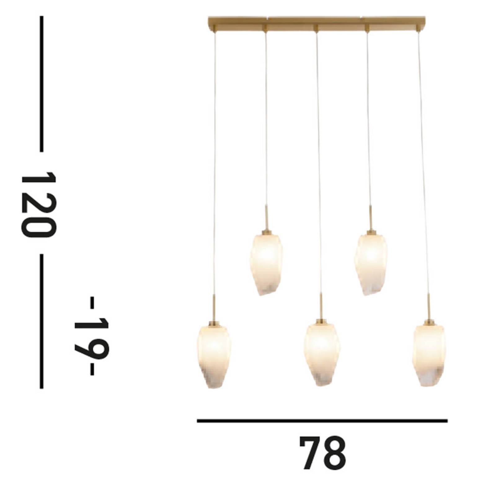 Searchlight Lampa wisząca Rocky, 5-punktowa, długa, kolor mosiądz, stal, szkło