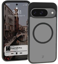 Bizon Etui z pierścieniem magnetycznym Case MatteO do Google Pixel 9/9 Pro, półprzezroczyste z czarną ramką