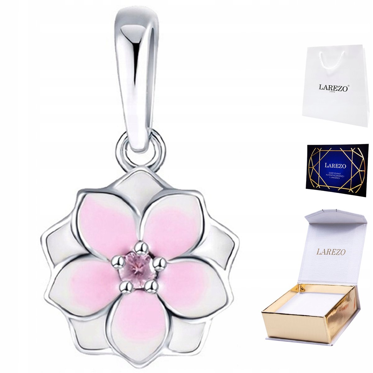 CHARMS SREBRNY Wiszący z Kwiatem Różowa Cyrkonia Kwiatek Natura SREBRO 925