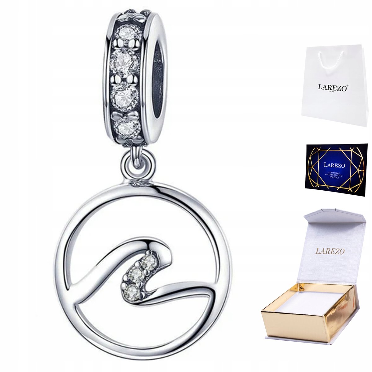 CHARMS SREBRNY Wiszący z Cyrkoniami Fala Morze Okrągły Morski SREBRO 925