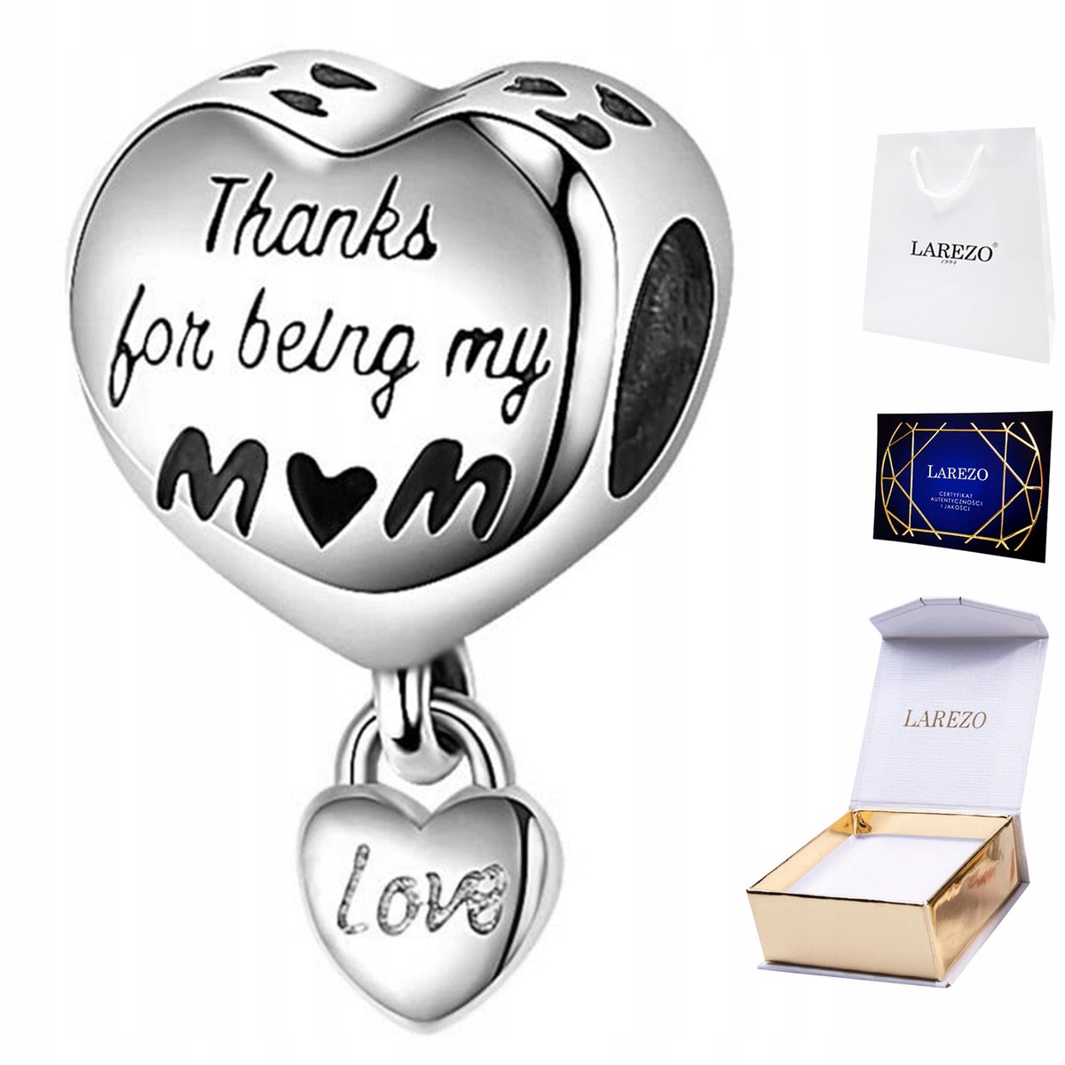 CHARMS SREBRNY Dziekuję Mamo Serce Serduszko Mom Mother Love SREBRO 925