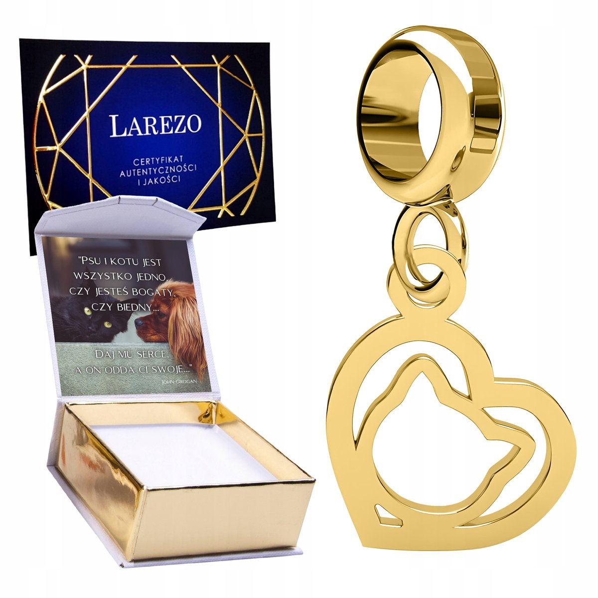CHARMS ZŁOTY Wiszący Kotek Głowa Kota Serce Serduszko z Kotem Kot + NADRUK