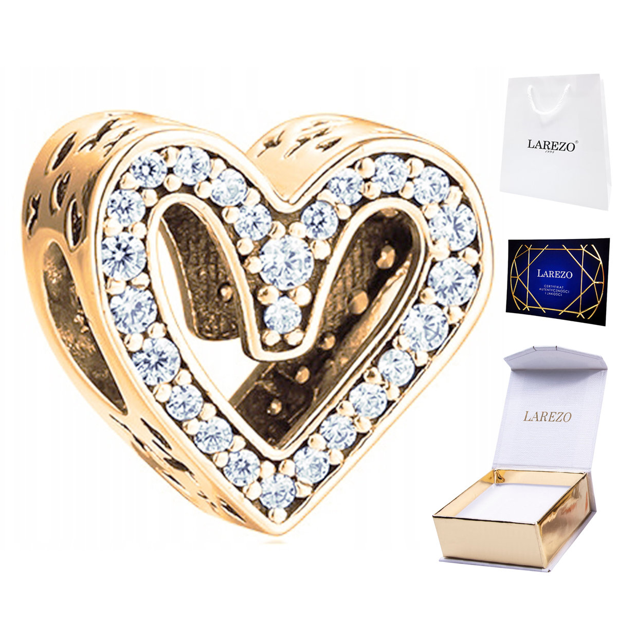 CHARMS ZŁOTY Ażurowe Serce z Cyrkoniami Serduszko Love Miłość SREBRO 925
