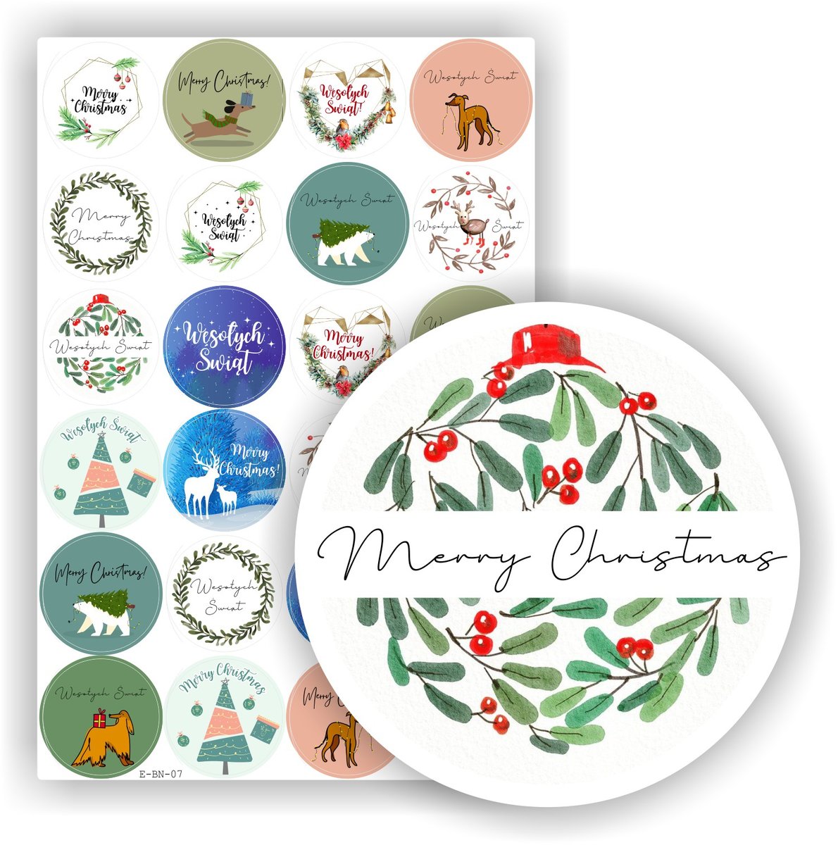 Świąteczne naklejki etykiety nalepki na święta Boże Narodzenie ma prezenty upominki paczki pod choinkę, arkusz 24 szt., drukant E-BN_07
