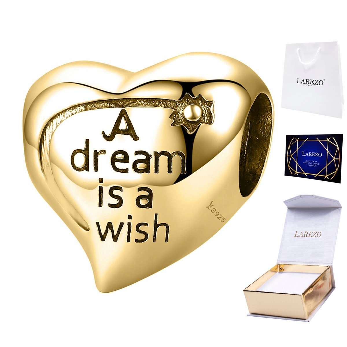 CHARMS ZŁOTY Serce A Dream is a Wish Życzenia Love Marzenia SREBRO 925