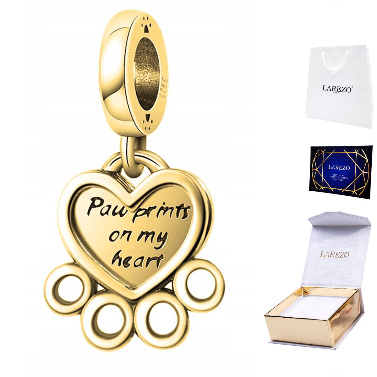 CHARMS ZŁOTY Wiszący Serce Łapka Łapka Psa Serduszko Pies Heart SREBRO 925