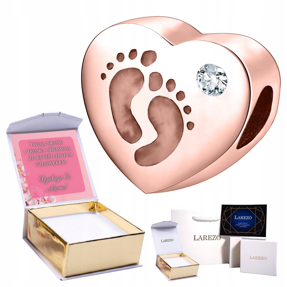 Różowy Charms Serce Serduszko Stópki Dziecięce Cyrkonia Stopy Stopa NADRUK