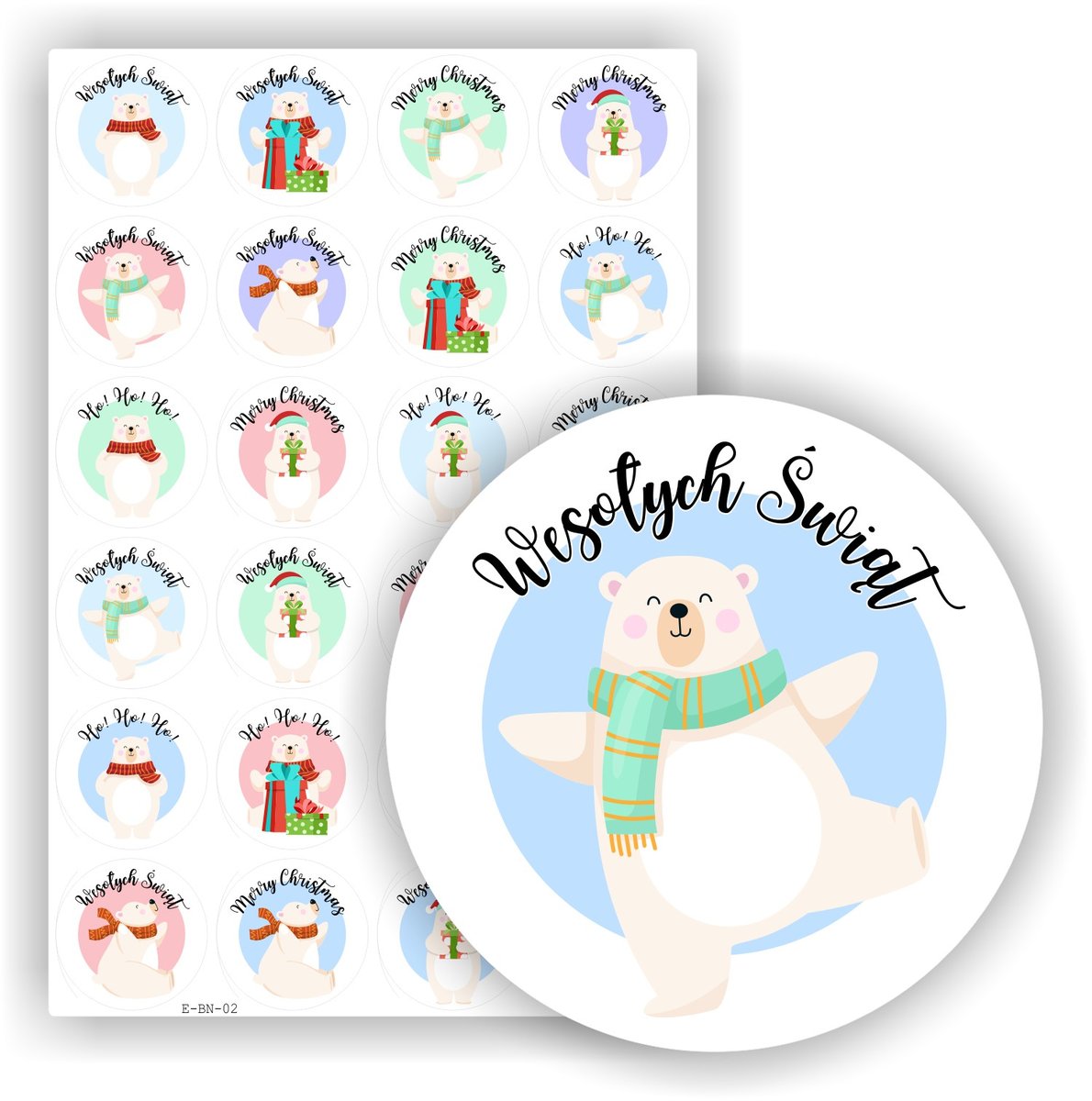 Świąteczne naklejki etykiety nalepki na święta Boże Narodzenie ma prezenty upominki paczki pod choinkę, arkusz 24 szt., drukant E-BN_02