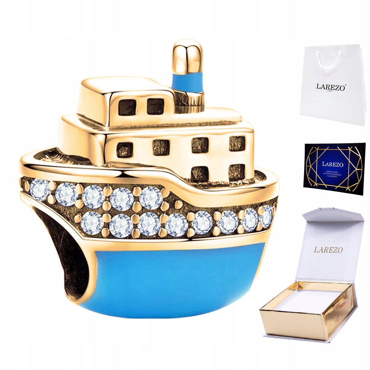 CHARMS ZŁOTY Koralik Statek Morze Podróż Morski z Cyrkoniami SREBRO 925