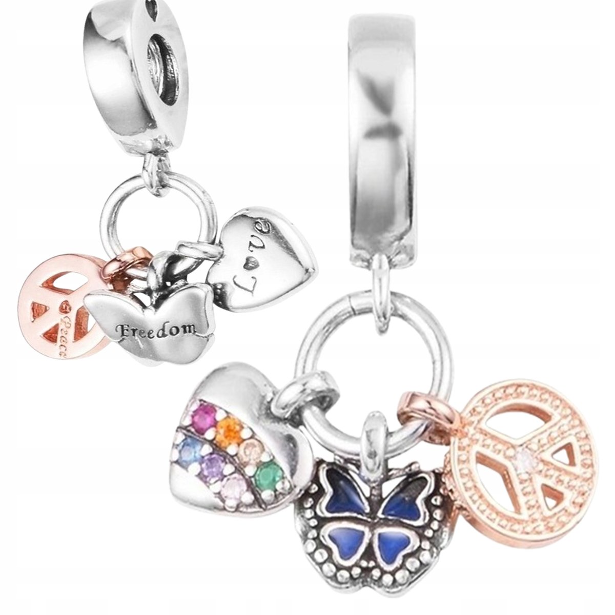 Charms potrójna zawieszka Serce Motyl Pacyfka srebro s925