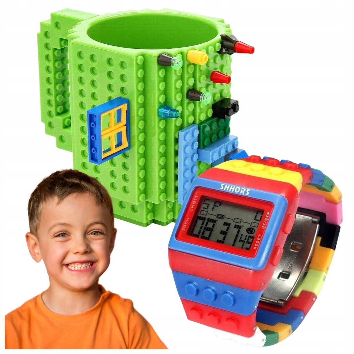 KUBEK KLOCKOWY DUŻY 350ML + KLOCKOWY CYFROWY ZEGAREK DLA DZIECKA REGULOWANY