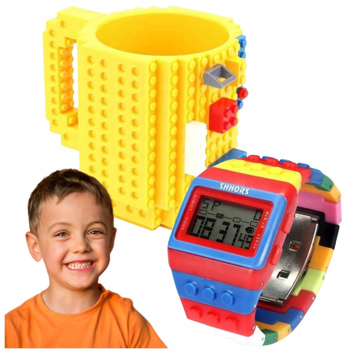 KUBEK KLOCKOWY DUŻY 350ML + KLOCKOWY CYFROWY ZEGAREK DLA DZIECKA REGULOWANY