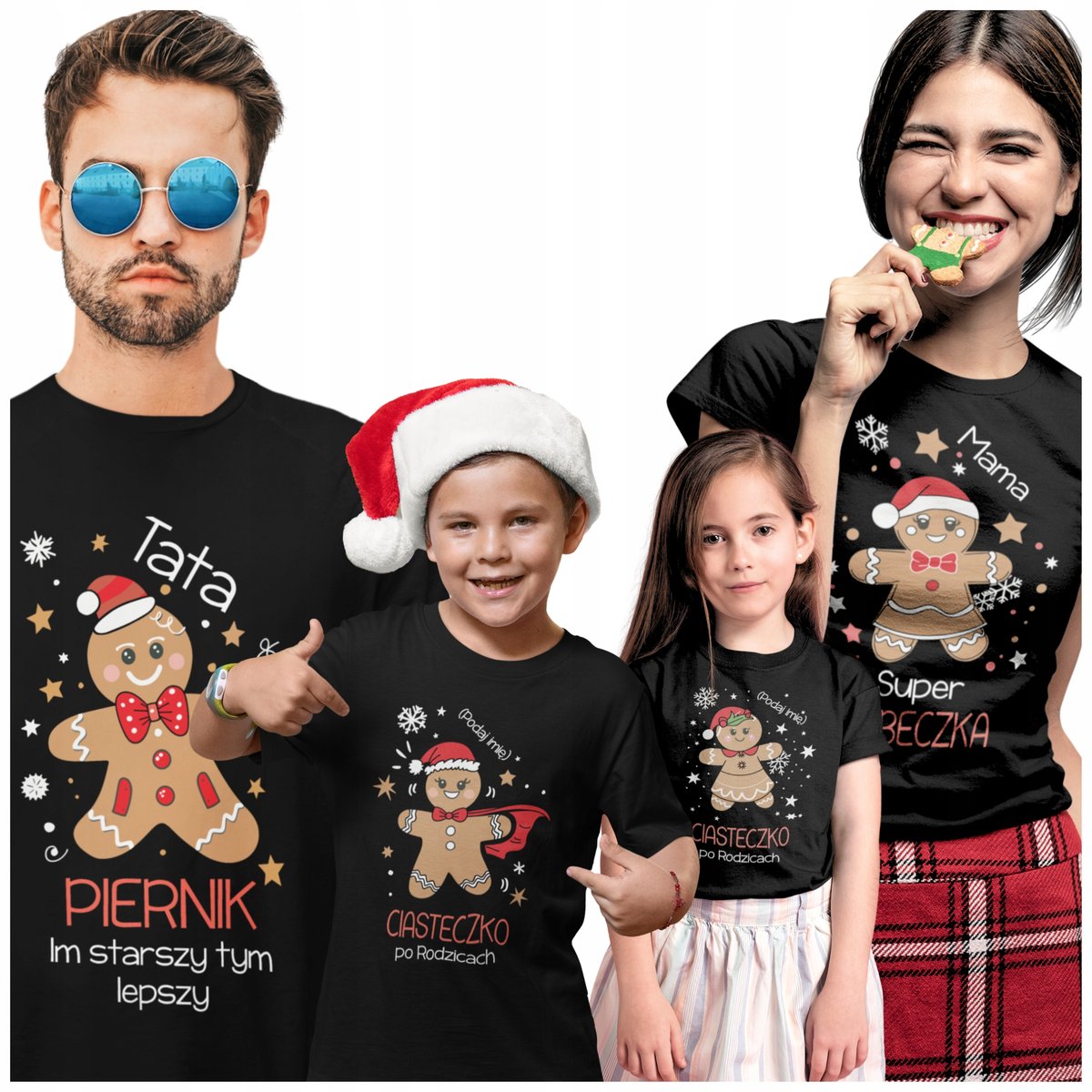 4 KOSZULKI ŚWIĄTECZNE ZESTAW CAŁEJ RODZINY RODZINY 2+2 + IMIONA DZIECI