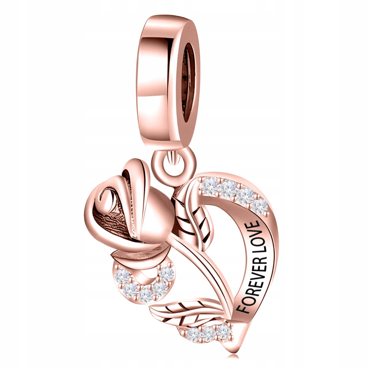 Charms Różowy Wiszący Serce z Grawerem Forever Love Kwiat Róża z Cyrkoniami