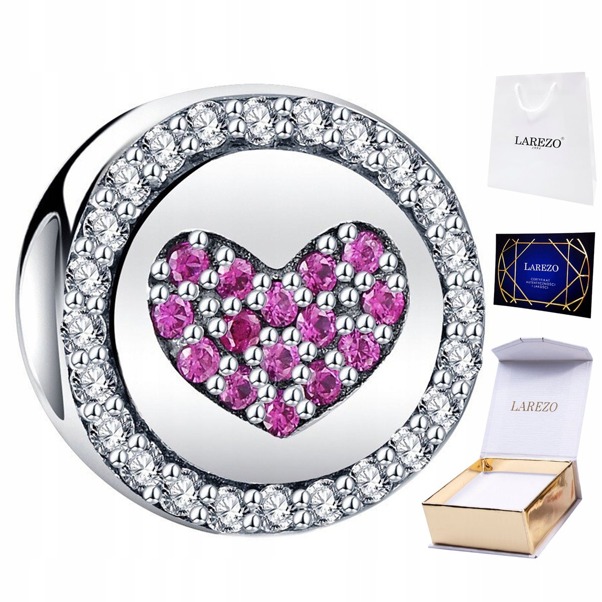 CHARMS SREBRNY Koralik z Cyrkoniami Różowe Cyrkonie Serduszko SREBRO 925