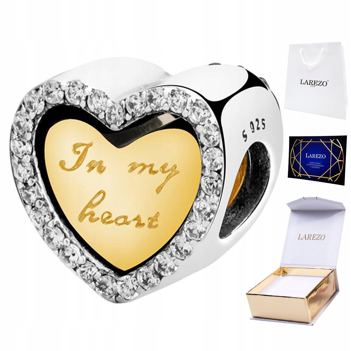 CHARMS SREBRNY Podwójne Serduszko Złote Serce Heart Cyrkonie SREBRO 925