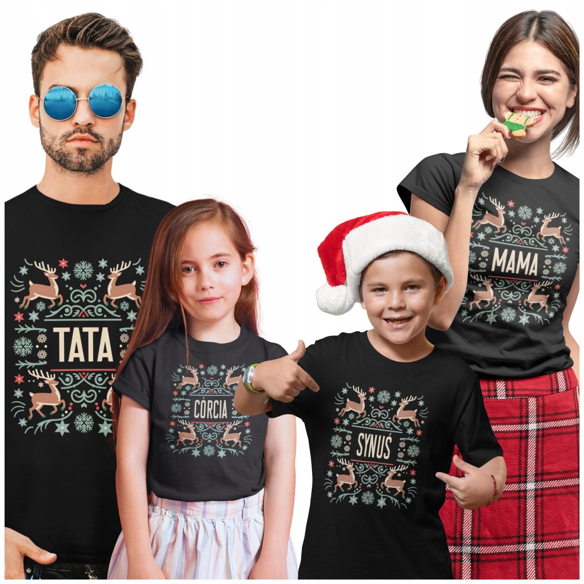 4 KOSZULKI ŚWIĄTECZNE ZESTAW CAŁEJ RODZINY RODZINY 2+2 TATA MAMA DZIECKO