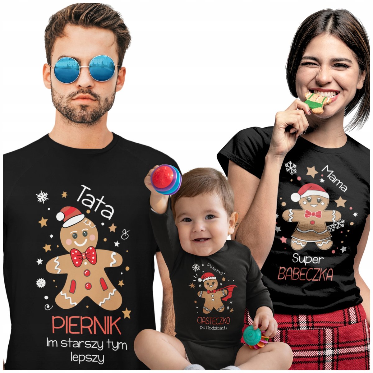 3 KOSZULKI ŚWIĄTECZNE Z IMIENIEM DZIECKA ZESTAW CAŁEJ RODZINY RODZINY 2+1