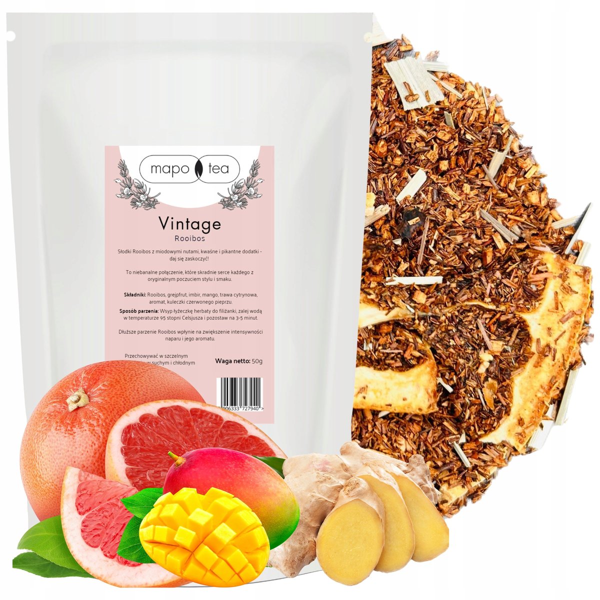 Herbata ROOIBOS Sypana VINTAGE Grejpfrut Mango Imbir Cytryna 50g Mapo Tea