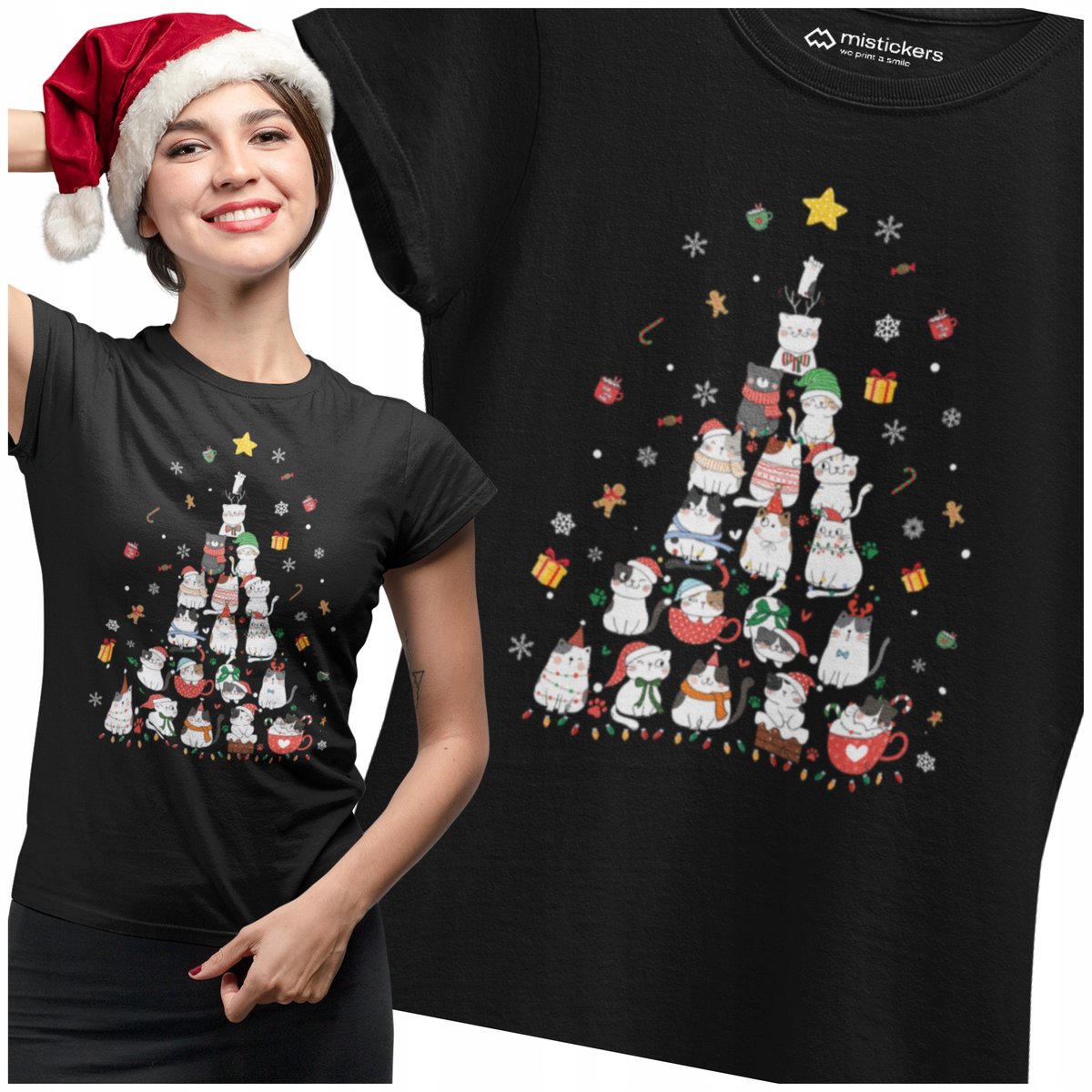 KOSZULKA ŚWIĄTECZNA DAMSKA PREZENT DLA KOCIARY CHOINKA Z KOTAMI PREMIUM