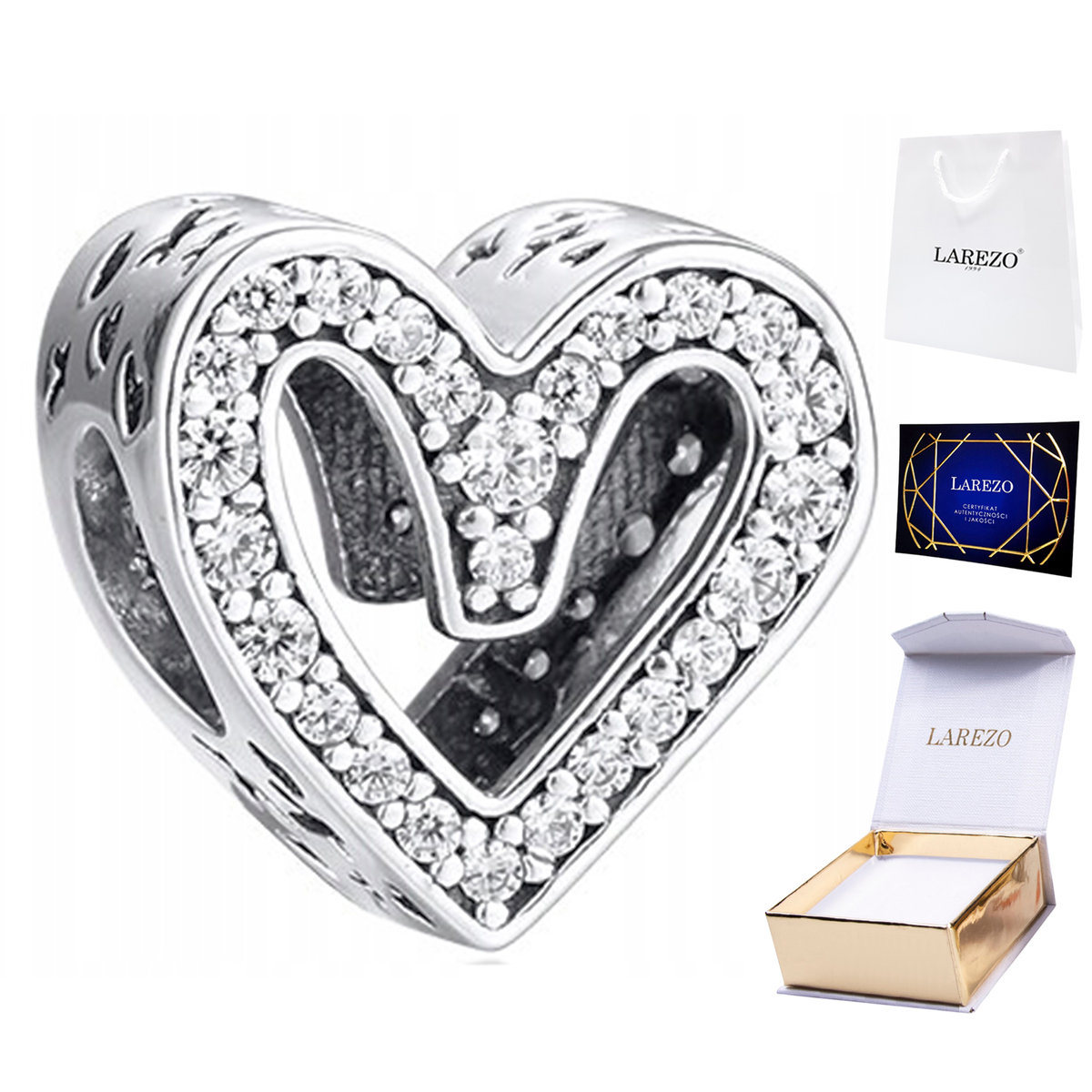 CHARMS SREBRNY Ażurowe Serce z Cyrkoniami Serduszko Love Miłość SREBRO 925