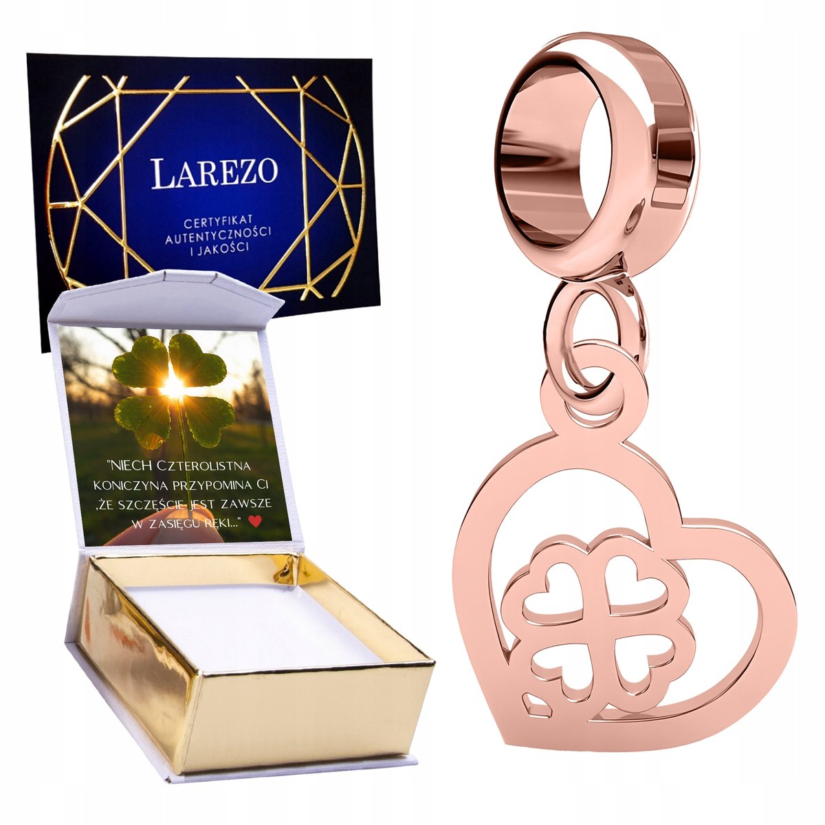 CHARMS POZŁACANY Wiszący Serce z Czterolistną Koniczyną na Szczęście NADRUK