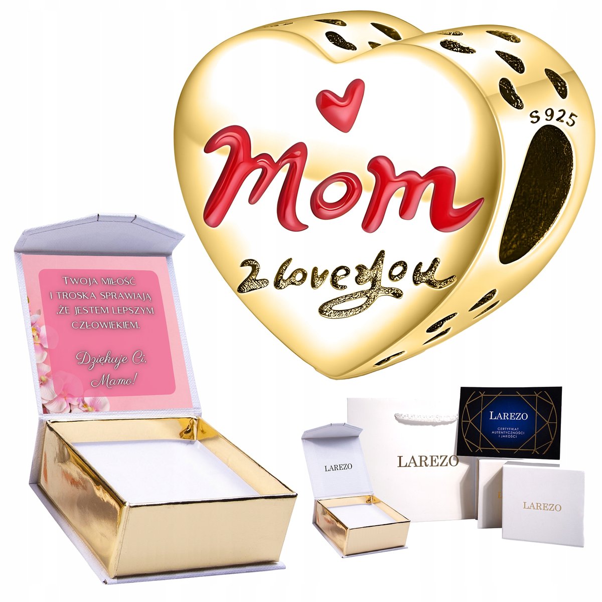 Złoty CHARMS Serce Kocham Cie Kochana Mamo Mom I Love You w Sercu + NADRUK