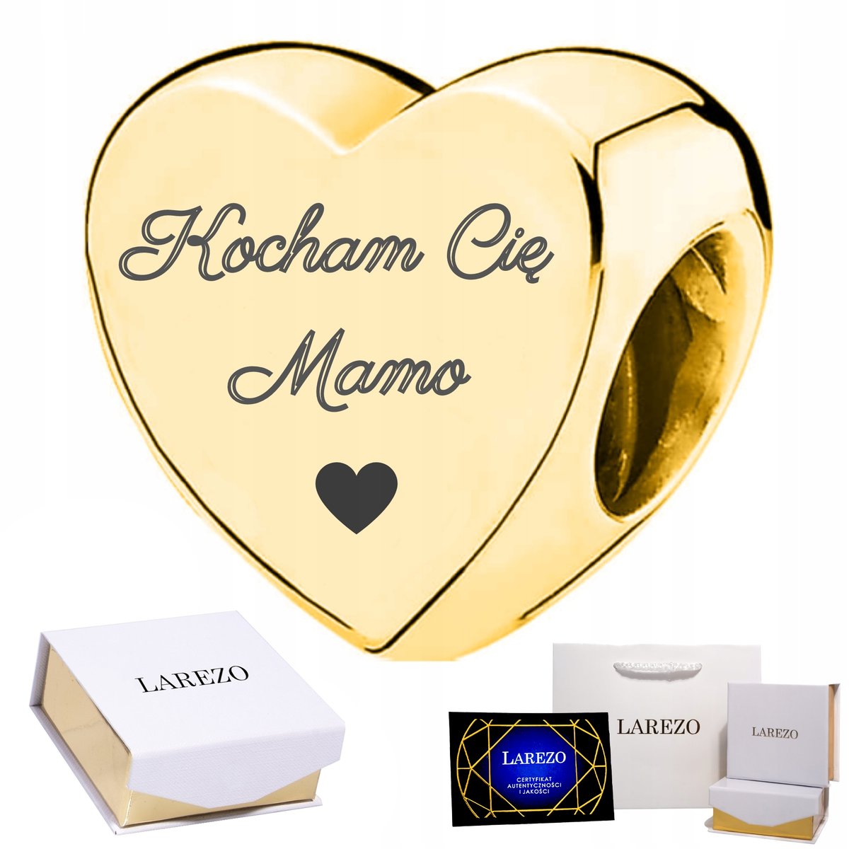 Złoty Charms 925 Serce Napis Grawer dla Mamy z Grawerem Kocham Cię Mamo