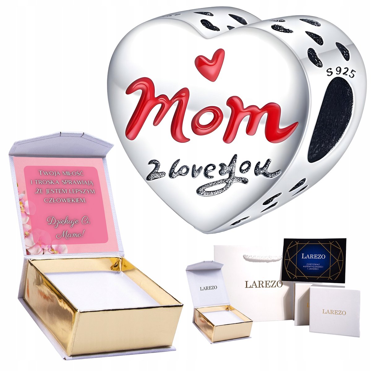 Srebrny CHARMS Serce Kocham Cie Kochana Mamo Mom I Love You w Sercu NADRUK