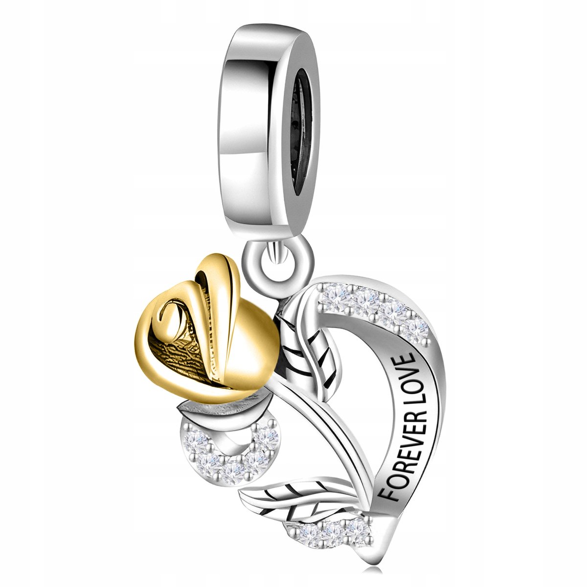 Charms Srebrny 925 Wiszący Serce Forever Love z Cyrkoniami Złoty Kwiat Róża
