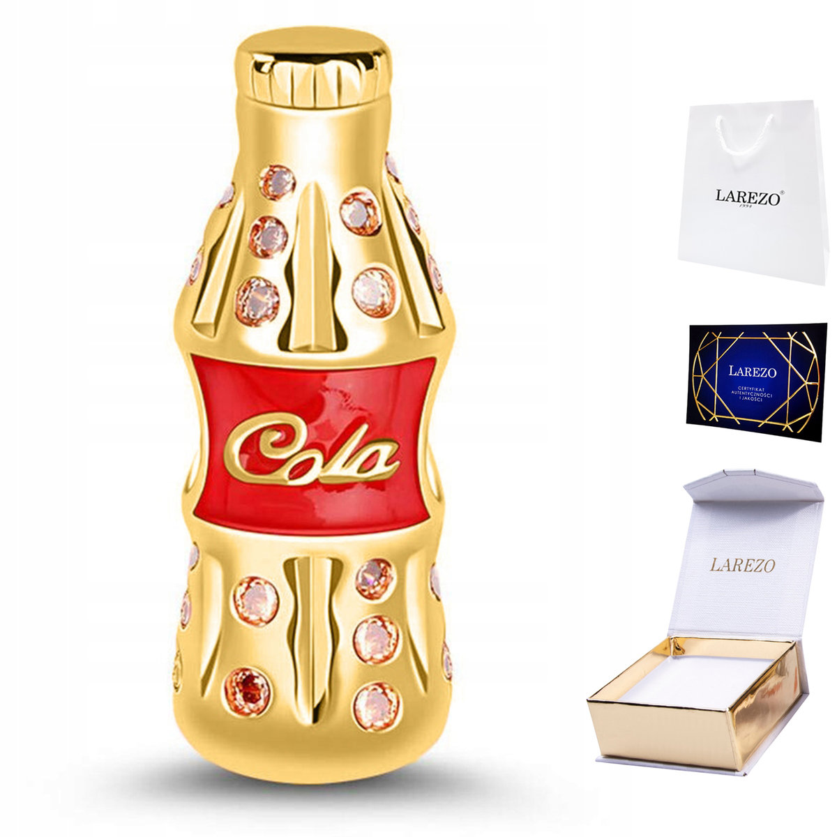 CHARMS ZŁOTY Coca Cola Napis Kola Napój Koralik z Cyrkoniami SREBRO 925