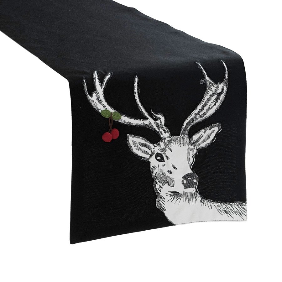 Czarny bieżnik z nadrukiem renifera w tonacji biało-szarej, rozmiar 35x140 cm, Rudolf