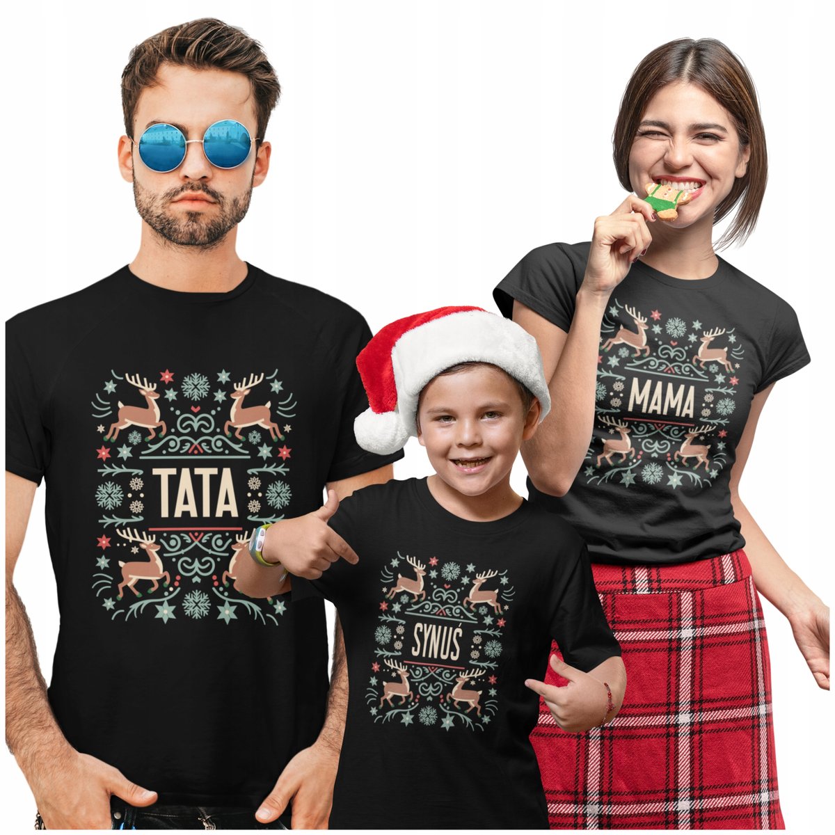 3 KOSZULKI ŚWIĄTECZNE ZESTAW CAŁEJ RODZINY RODZINY 2+1 TATA MAMA DZIECKO