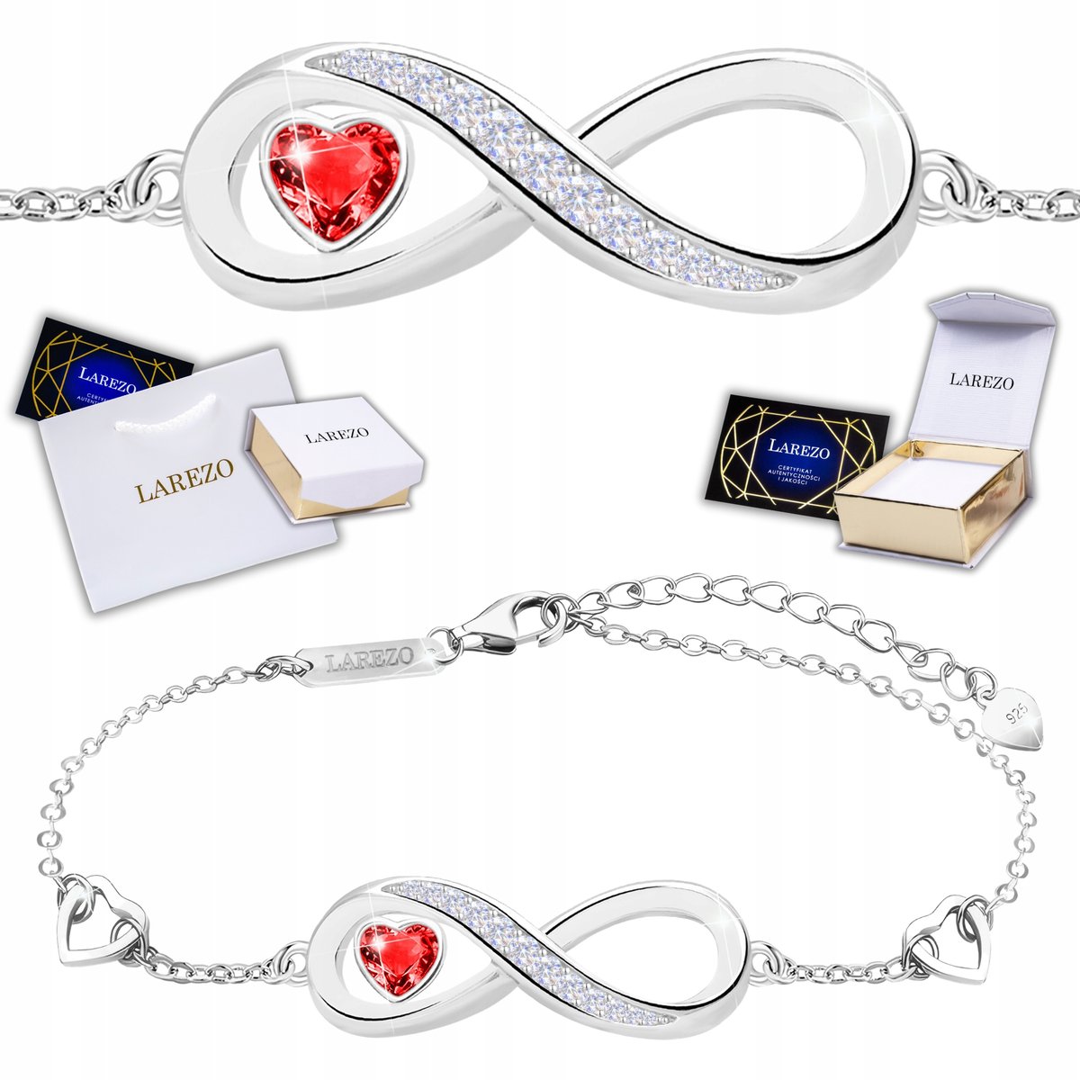 Srebrna Bransoletka z Czerwona Cyrkonia Nieskończoność Miłość SREBRO 925