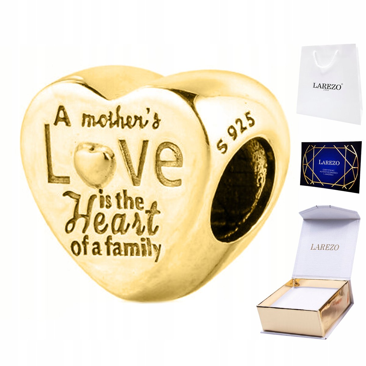 CHARMS ZŁOTY z Sercem Mama Family Mother Mom Love Serduszko SREBRO 925