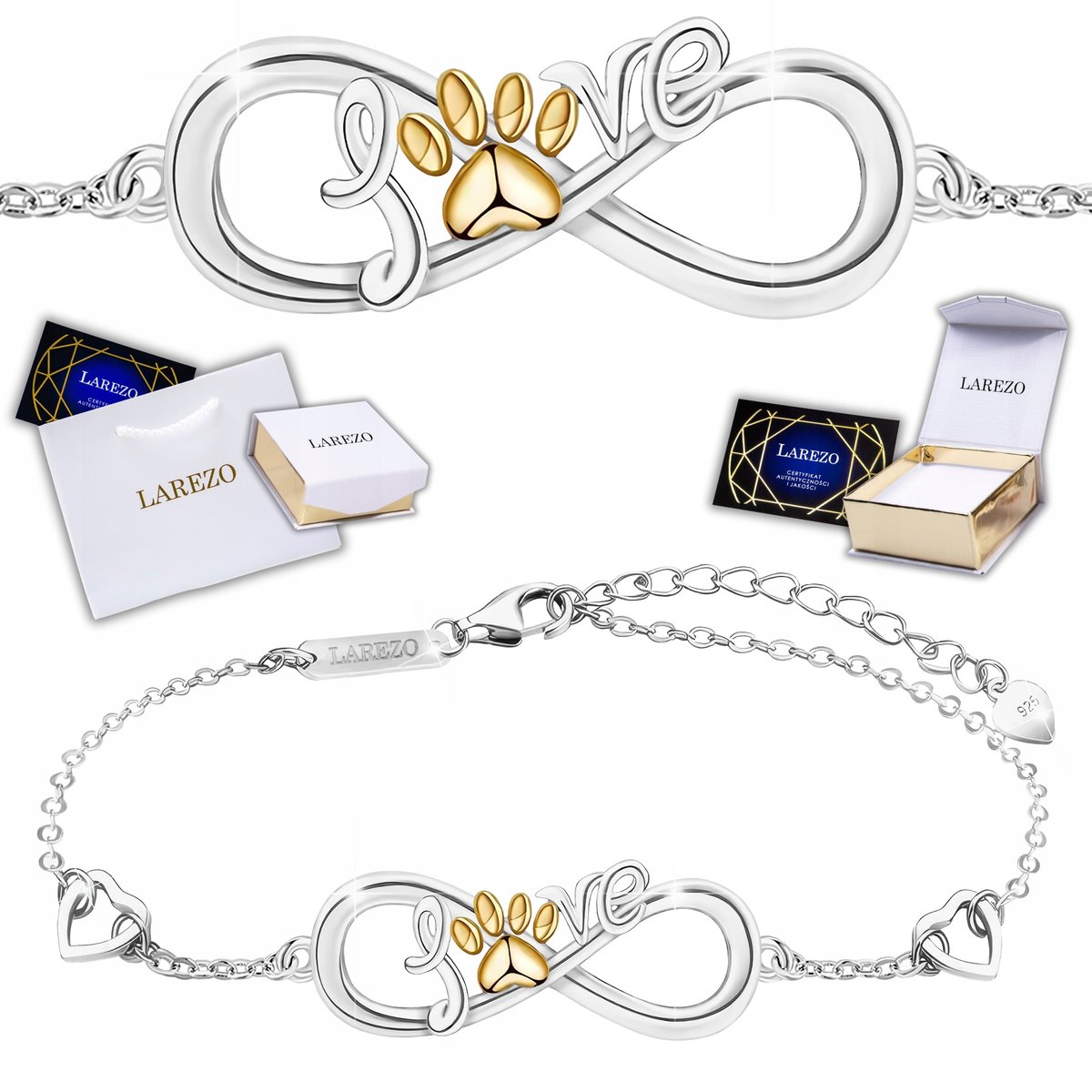 Srebrna Bransoletka Psia Kocia Złota Łapka z Nieskończonością Love SREBRO