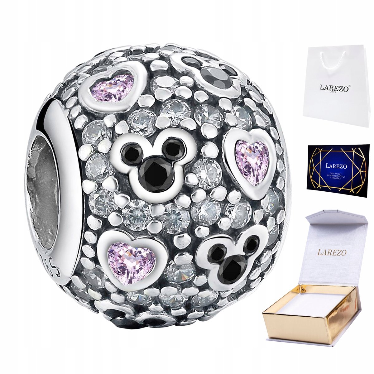 CHARMS SREBRNY Koralik Myszka Minnie Różowe Serca z Cyrkoniami SREBRO 925