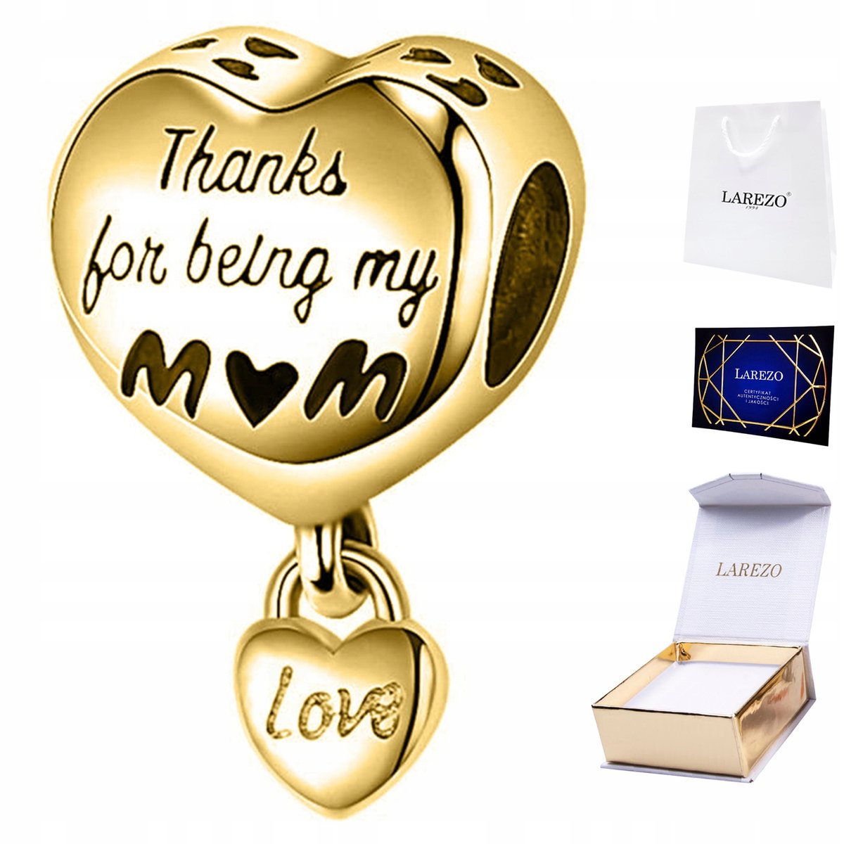 CHARMS ZŁOTY Dziekuję Mamo Serce Serduszko Mom Mama Mother Love SREBRO 925