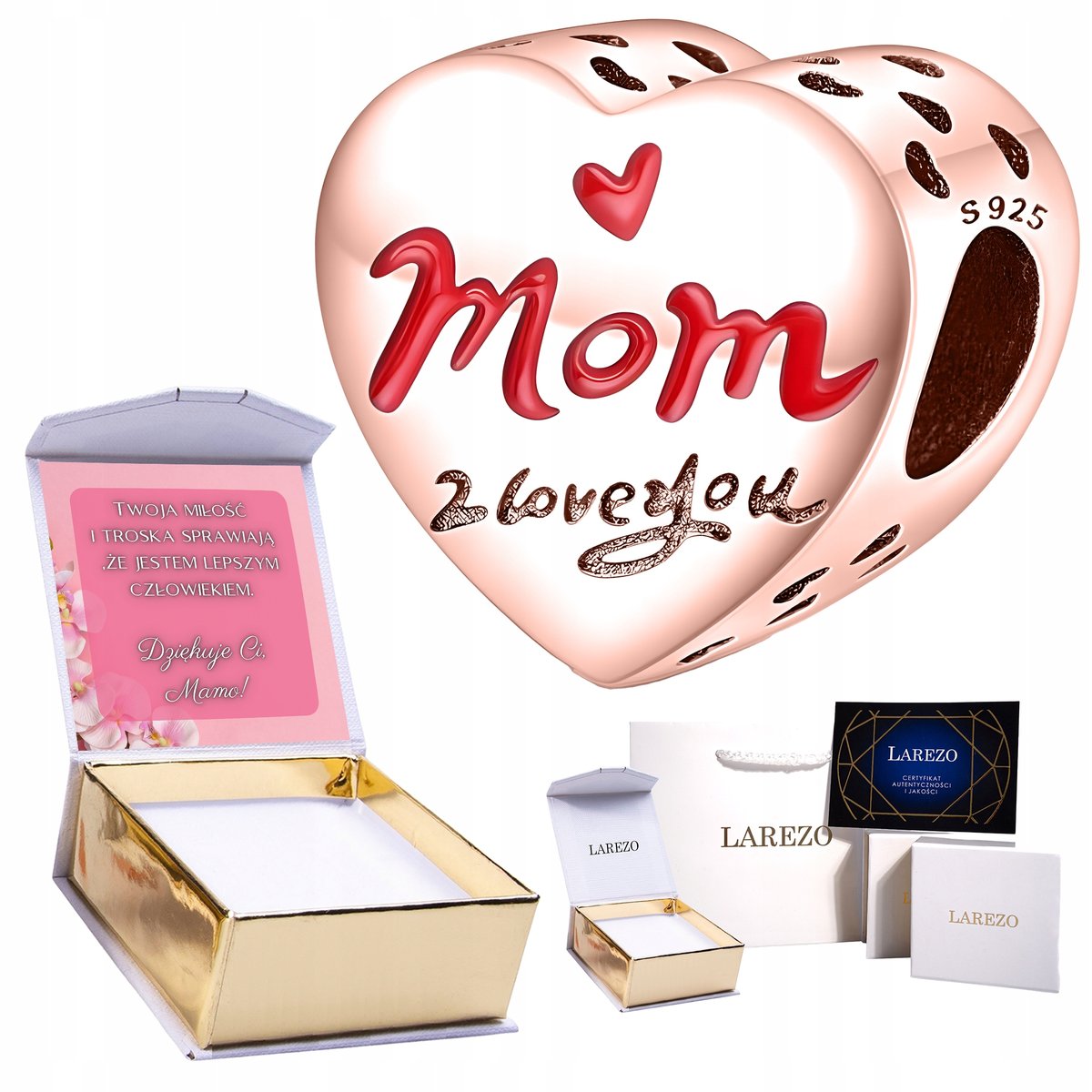 Różowy CHARMS Serce Kocham Cie Kochana Mamo Mom I Love You w Sercu + NADRUK