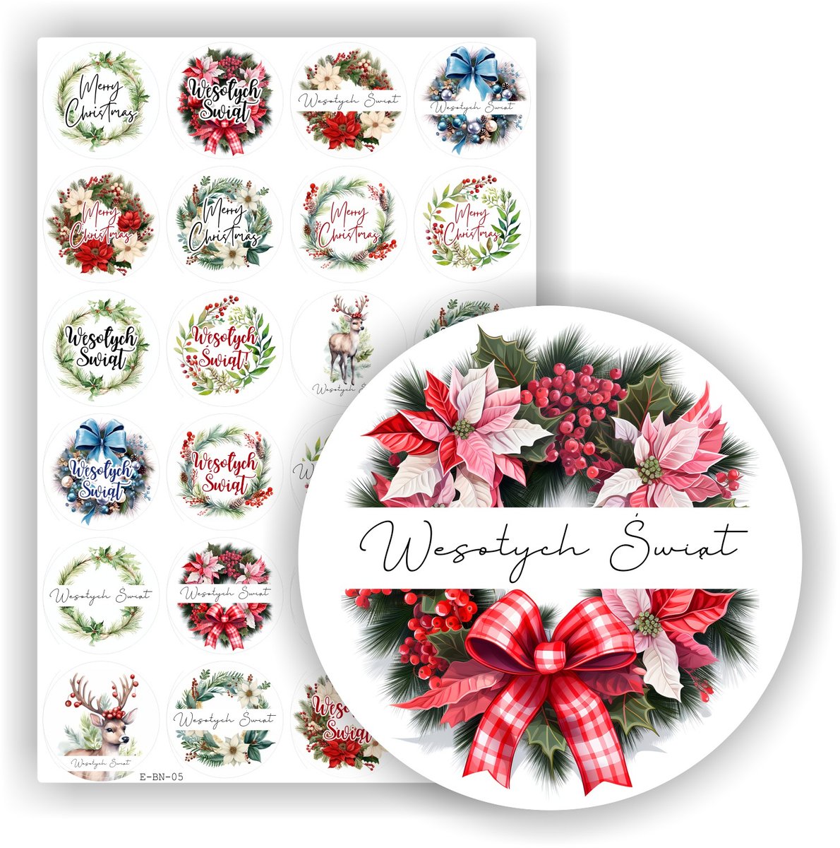 Świąteczne naklejki etykiety nalepki na święta Boże Narodzenie ma prezenty upominki paczki pod choinkę, arkusz 24 szt., drukant E-BN_05