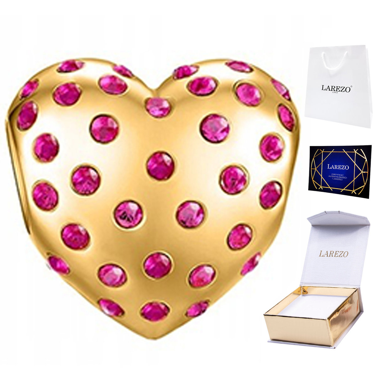 CHARMS ZŁOTY 925 z Sercem Różowe Cyrkonie Serce Serduszko Pozłacane 14K