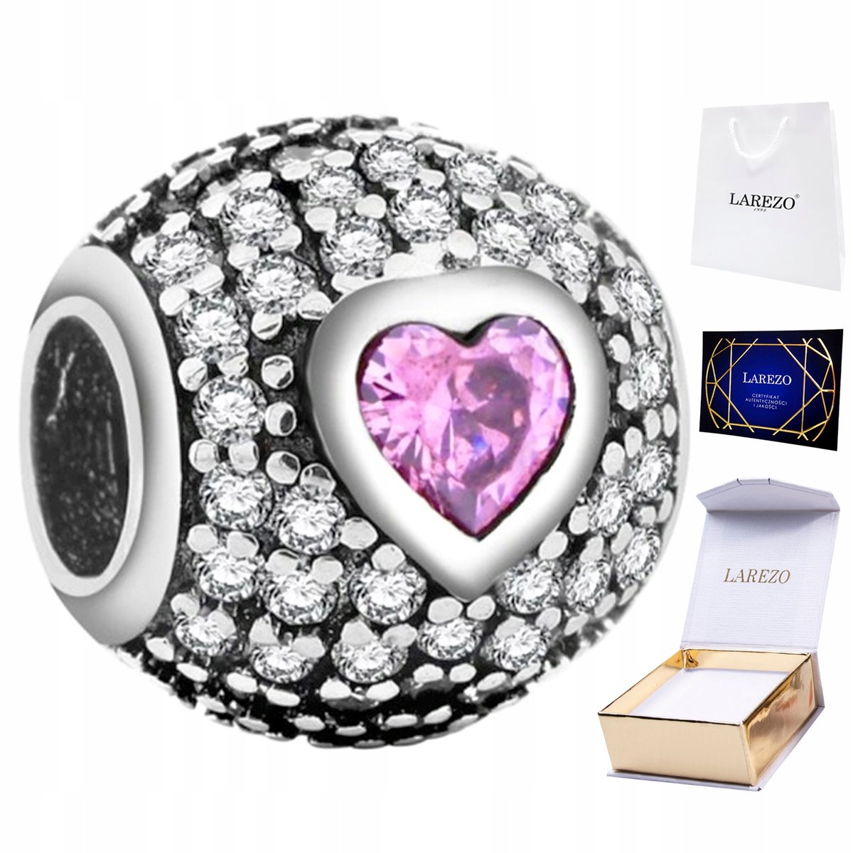 Charms Kulka serce cyrkonie srebro 925