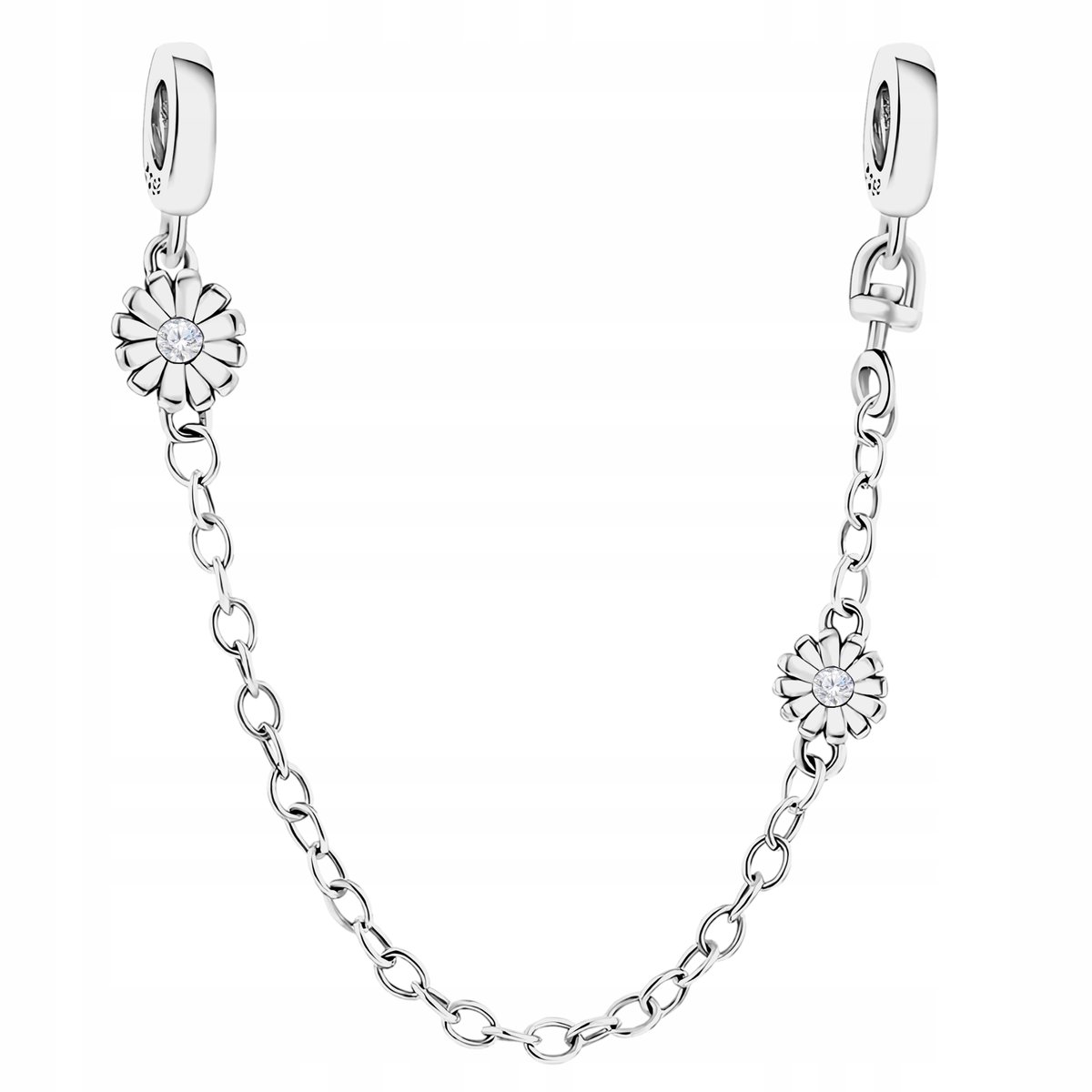 Srebrny Łańcuszek Zabezpieczający Charms 925 Kwiaty z Cyrkoniami Kwiat 10cm
