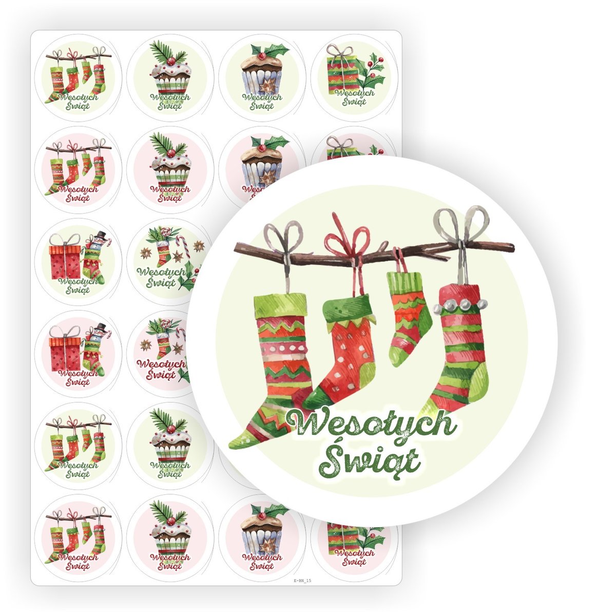 Świąteczne naklejki etykiety nalepki na święta Boże Narodzenie ma prezenty upominki paczki pod choinkę, arkusz 24 szt., drukant E-BN_15